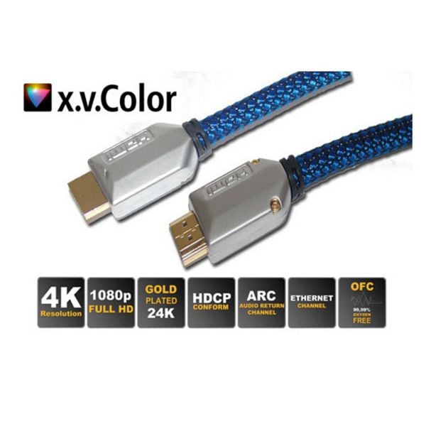 S-Conn HDMI A-Stecker auf HDMI A-Stecker verchromt, Metall-Stecker verschraubt, vergoldete Kontakte, schwarz-blauer cotton Mantel, 5,0m, 77475-ETBCL