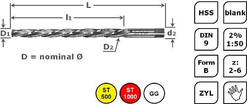 SPPW Kegel-Handreibahle HSS - 2% DIN9 B 1:50 L: 100x73 Ø5,0, 1147000500