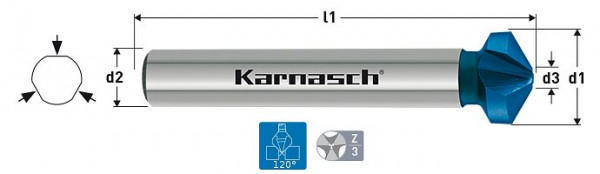 Karnasch Kegelsenker 120°, HSS-XE+Blue-Tec beschichtet, 3-Flächen-Schaft, Werksnorm d=25,0mm, VE: 2 Stück, 4030400250