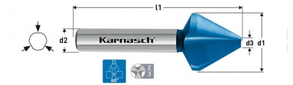 Karnasch Kegelsenker 60°, HSS-XE+Blue-Tec beschichtet, 3-Flächen-Schaft, DIN 334 d=16,0mm, VE: 2 Stück, 4030300160