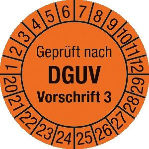 Moedel Prüfplakette Geprüft nach DGUV Vorschrift 3, 2020-2029, Folie, Ø 20 mm, VE: 10 Stück/Bogen, 94048