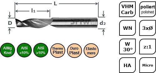 SPPW Micro-Einzahnfräser VHM 3xØ L: 39x1,5 z:1 d3 Ø0,5, 6685150050