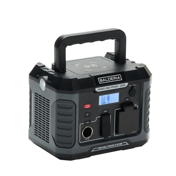 BALDERIA Power Cube PPS500: Tragbare Powerstation/Mobiler Stromspeicher/Stromerzeuger, 500W, 400Wh, Steckdose 230V, USB, Flashlight, LCD-Display, PPS500