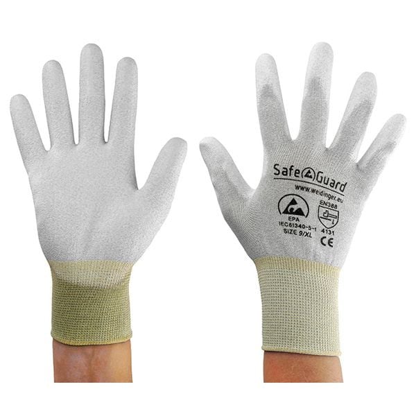 SafeGuard ESD-Handschuh grau/gelb, beschichtete Handflächen Nylon/Carbon Größe XL, VE: 12 Paar, DSWL39625