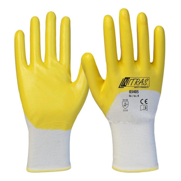 NITRAS Nitrilhandschuhe, Polyester, weiß, Nitril-Beschichtung, gelb, 3/4-beschichtet, Größe: 9, VE: 144 Paar, 03405-9