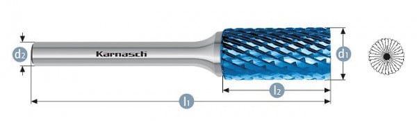 Karnasch Hartmetall-Frässtift Blue-Tec beschichtet ZYB/ HP-6 d1=16 / l2=25 / d2=8 / l1=70mm, 115014120