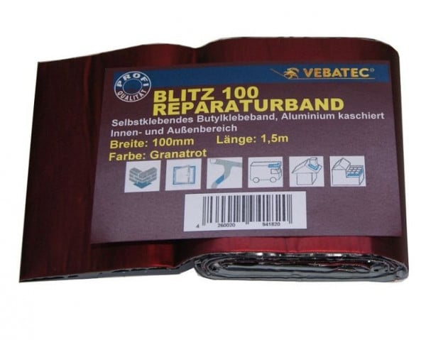 Vebatec Blitz Butyl Reparaturband Aluminium, Farbe: granatrot, 100mm x 1,5m, 149