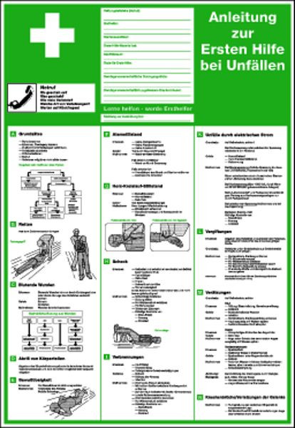 Schilder Klar Aushang, Anleitung zur Ersten Hilfe bei Unfällen, klassische Darstellung, 410x595x1.5 mm Kunststoff, 214/75