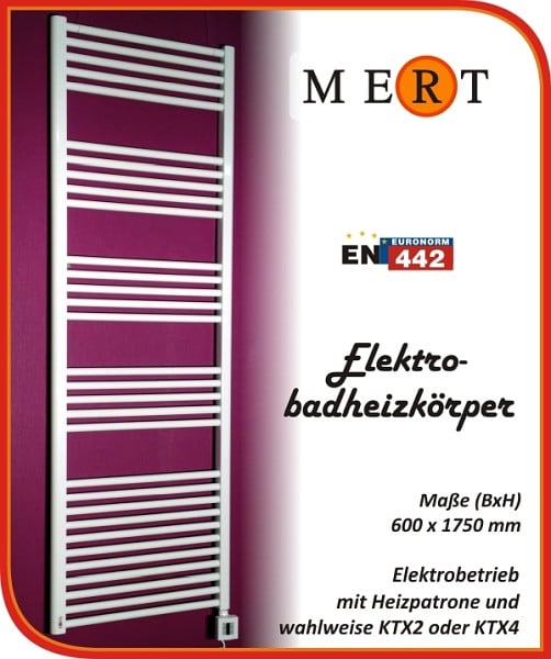 MERT Elektro-Badheizkörper weiß, gerade, 600 x 1750 mm, befüllt, E1-60x175-B