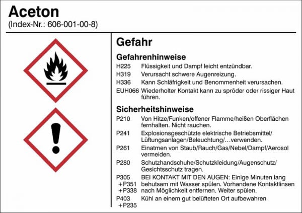 SafetyMarking Gefahrstoffetikett, G001: Aceton, für Behälter mit einem Fassungsvermögen bis 3 Liter, BxH 10,5x7,4 cm, Folie, selbstklebend, 21.B1200-G001