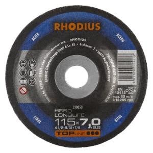 Rhodius TOPline RS50 LONGLIFE Schruppscheibe, Durchmesser [mm]: 115, Stärke [mm]: 7, Bohrung [mm]: 22.23, VE: 25 Stück, 210053