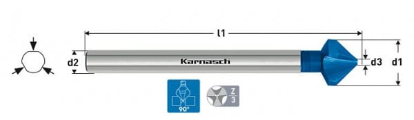 Karnasch Kegelsenker 90°, HSS-XE Blue-Tec beschichtet langer Schaft 3-Flächen-Schaft, DIN 335 d=20,5mm, VE: 2 Stück, 201770070