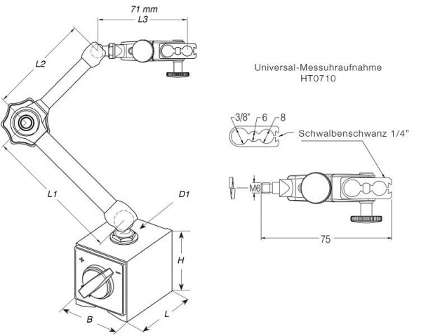 HoldTec Gelenkmessstativ 201mm mit Feineinstellung am Arm, HT2100