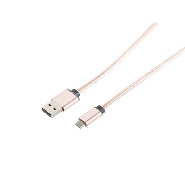 S-Conn USB Lade-Sync Kabel USB A Stecker auf USB micro Stecker, Metallumantelung (Steel) Rose 1m, 14-11002