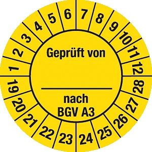 Moedel Prüfplakette Geprüft von nach BGV A3 2019-2028, Dokumentenfolie, Ø 25mm, VE: 10 Stück/Bogen, 54893