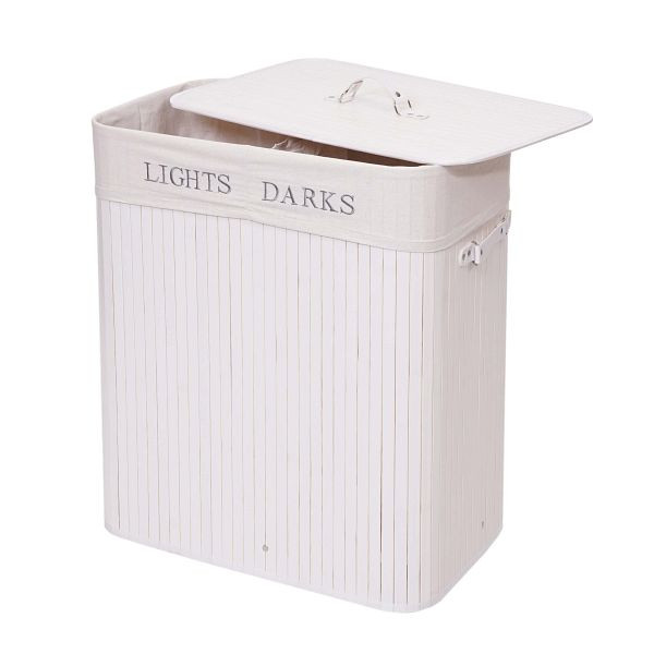 Mendler Wäschekorb HWC-C21, Laundry Wäschebox Wäschesammler Wäschebehälter, Bambus 2 Fächer 63x55x34cm 100l, weiß, 74041