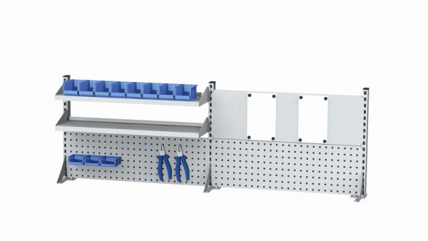 Simplaflex Multiwandaufbau, 3 Tragsäulen, 2 Lochwände, 2 Fachböden, 1 Magnetwand, B x H 2000x650 mm, CLW20MW01