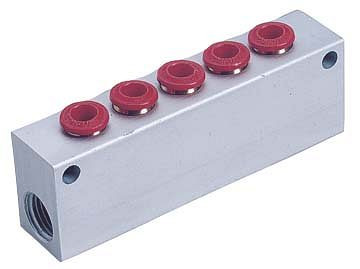 timmer B-VT-5x4-2x1/8-AL, Verteilerblock Aluminium mit 2 Gewindeanschlüssen, und 5 Steckanschlüssen, Schlauch-Ø: 4 mm, Gewinde: 1/8", VE: 5 Stück, 03903505