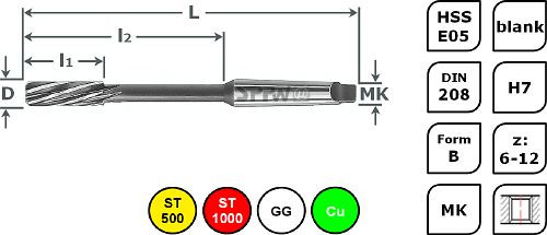 SPPW Maschinenreibahle HSS-E05 DIN208 B L: 333x209x82 Ø42 H7, 1131904200