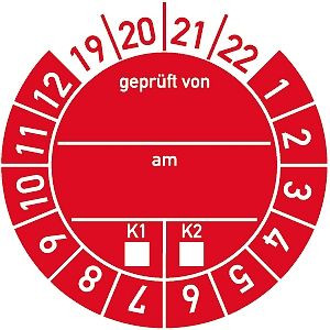 Moedel Prüfplakette geprüft von am K1/K2 2019 - 2022, Folie, Ø 30 mm, VE: 10 Stück/Bogen, 55902