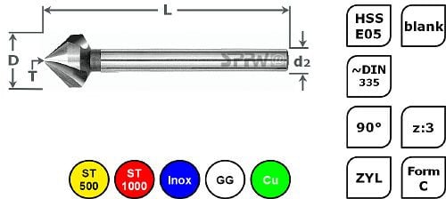 SPPW Kegelsenker HSS-E05 90° z:3 Form C Lang L: 84 Ø6,3, 1543030630