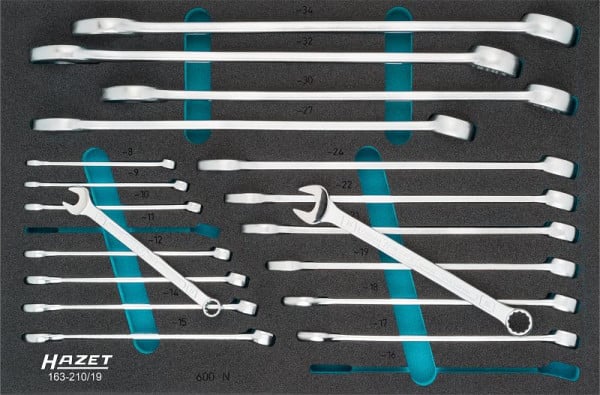 Hazet Ring-Maulschlüssel Satz, Außen-Doppel-Sechskant-Tractionsprofil, 8 - 34, Anzahl Werkzeuge: 19, 163-210/19