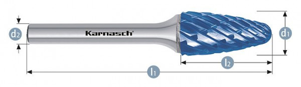 Karnasch Hartmetall-Frässtift Blue-Tec beschichtet RBF/ HP-8 d1= 10 / l2= 20 / d2= 6 / l1= 65mm, VE: 2 Stück, 116046020