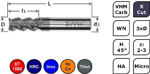 SPPW Micro-Schaftfräser VHM+X.Cut H45° L: 39x1,5 z:2 d3 Ø0,50, 6785300050