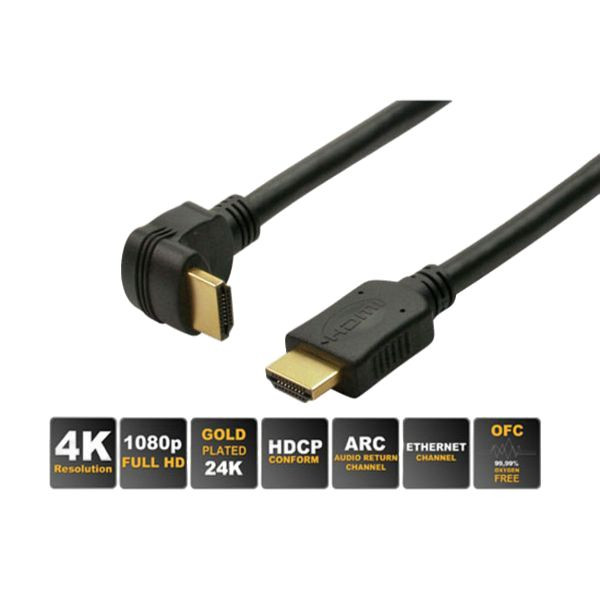 S-Conn HDMI A-Stecker Winkel auf HDMI A-Stecker gerade, vergoldete Kontakte, Abgang nach unten, Full HD, ULTRA HD, 3D, HEAC, 2,0m, 77472-5