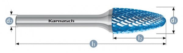 Karnasch Hartmetall-Frässtift Blue-Tec beschichtet RBF/ HP-3 d1= 10,0 / l2= 20 / d2= 6 / l1= 65mm, VE: 3 Stück, 115051040