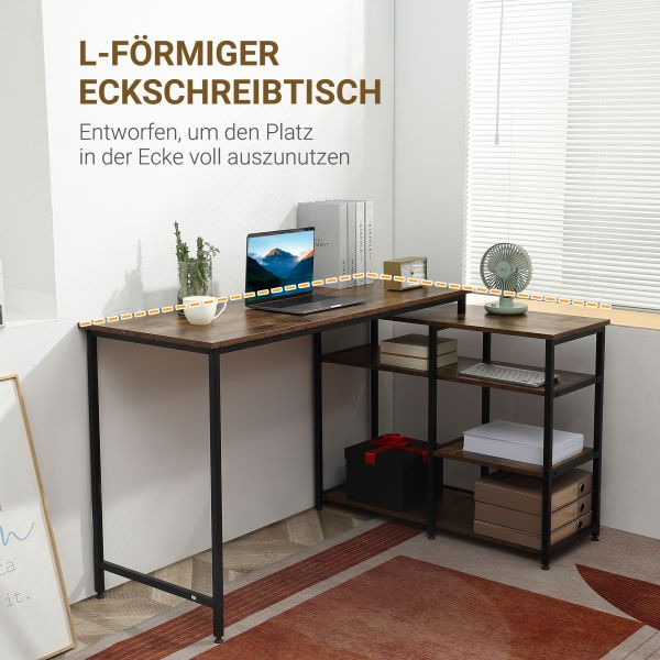 HOMCOM Eckschreibtisch Winkelschreibtisch PC-Tisch Computertisch Bürotisch Regal Schublade L-Form Braun 135 x 90 x 79 cm, 836-463