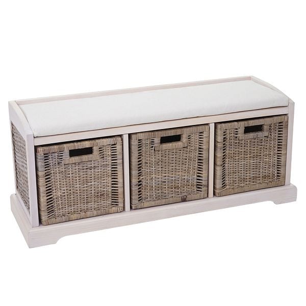 Mendler Sitzbank Bienne, Aufbewahrungsbox, 3 Körbe, Kubu-Rattan-Geflecht, 112x46x37cm, weiß, 61724