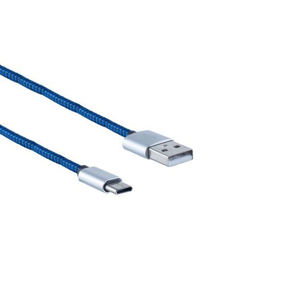 S-Conn USB Ladekabel, USB-A-Stecker auf USB Typ C Stecker, Nylon, blau, 2m, 14-50024