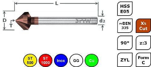 SPPW Kegelsenker HSS-E05+X5.Cut 90° z:3 Form C Lang L: 84 Ø6,3, 1543040630