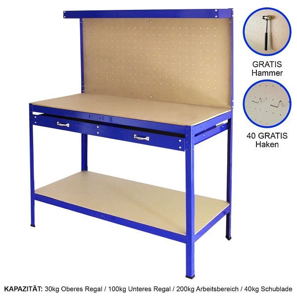 Monster Werkbank mit Stecktafel und Schublade, Blau, 26463