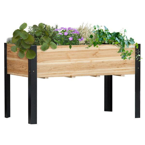 Outsunny Hochbeet Pflanzkasten Blumenkasten Blumentopf Kräuterbeet mit Vliesstoff Massivholz Stahl Natur+Schwarz 120 x 60 x 74 cm, 845-531V02