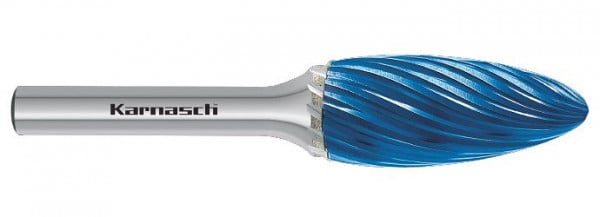 Karnasch Hartmetall-Frässtift Blue-Tec beschichtet Flamme/HP-9 d1= 10 / l2= 20 / d2= 6 / l1= 65mm, 116038020