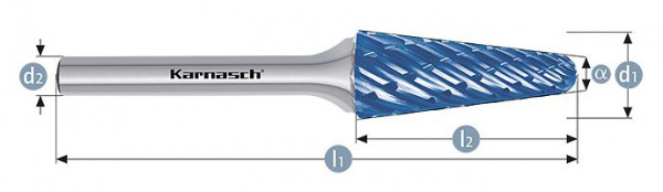 Karnasch Hartmetall-Frässtift Blue-Tec beschichtet KEL/ HP-8 d1= 12 / l2= 32 / d2= 6 / l1= 77mm, VE: 2 Stück, 116049025