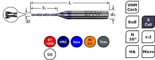 SPPW Micro-Bohrnutenfräser VHM+X.Cut 8xØ L: 44x11,2 z:2 d4 Ø1,40, 6785100140