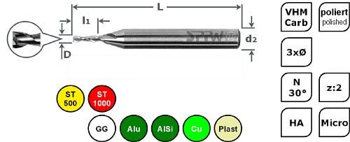 SPPW Sub-Micro-Bohrnutenfräser VHM 3xØ L: 39x0,1 z:2 d3 Ø0,05, 6685000005