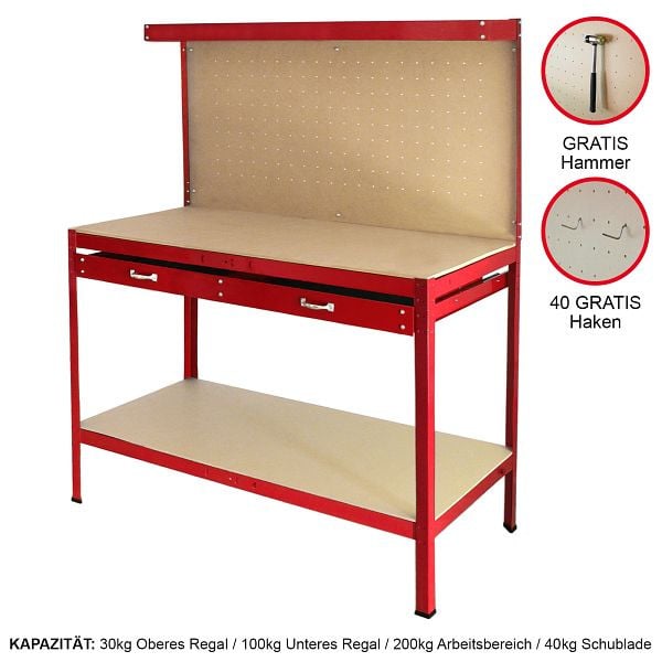 Monster Werkbank mit Stecktafel und Schublade, Rot, 26462