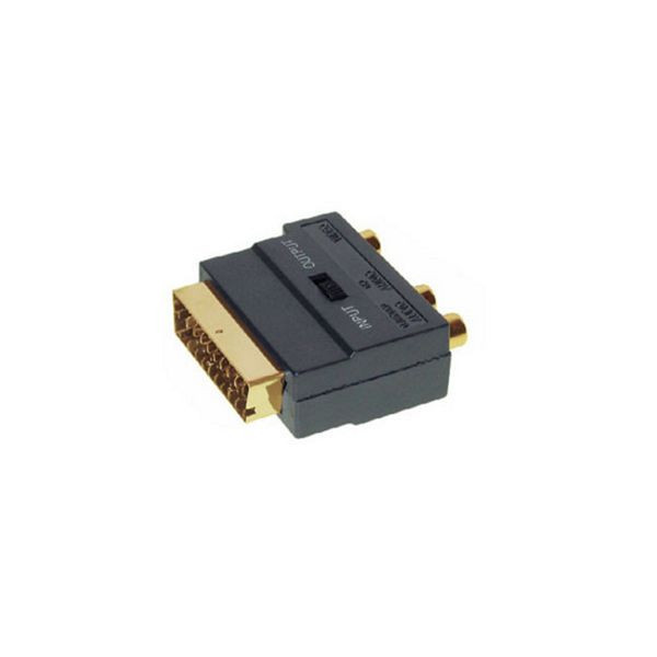 S-Conn Scart-Adapter mit 3 Cinchkupplungen auf 4-pol MINI DIN-Kupplung, IN / OUT mit Schalter, Kontakte vergoldet, 94035-G