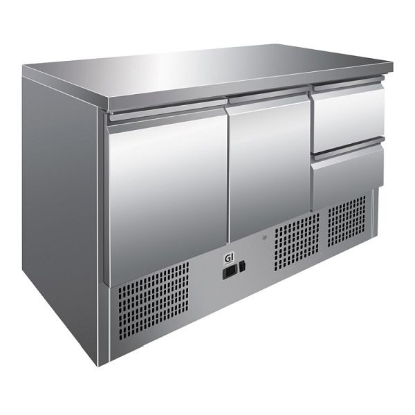 Gastro-Inox Edelstahl Kühltisch mit 2 Türen und 2 Schubladen, Umluftkühlung, Nettokapazität 400 Liter, 202.016