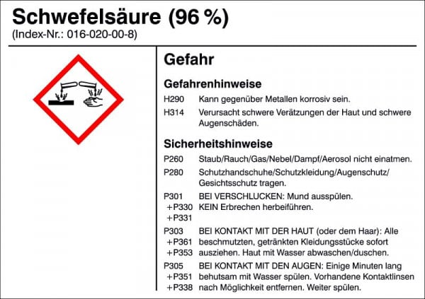 SafetyMarking Gefahrstoffetikett, G019: Schwefelsäure (96%), für Behälter bis 3 Liter, 10,5x7,4 cm, Folie, selbstklebend, 21.B1200-G019