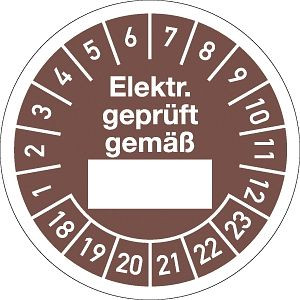 Moedel Prüfplakette elektrische Geprüft gemäß 2018-2023, Dokumentenfolie, Ø 30 mm, VE: 10 Stück/Bogen, 54764