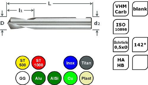 SPPW NC-Anbohrer VHM 142° ISO HA L: 45x10 - Ø3,0, 6235110300