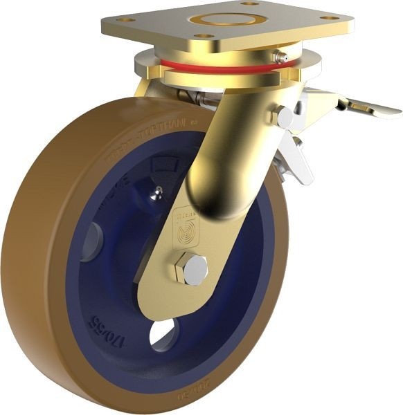 Wicke Schwerlast-Lenkrolle mit braunem Topthane® 92 Shore A Polyurethanereifen auf robuster Gussfelge, PG LLAK 64/250/50K-FSTR, 221187