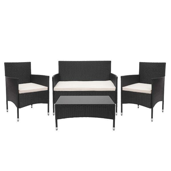 Mendler Poly-Rattan Garnitur HWC-F55, Balkon-/Garten-/Lounge-Set Sofa Sitzgruppe, schwarz, Kissen creme, 69813