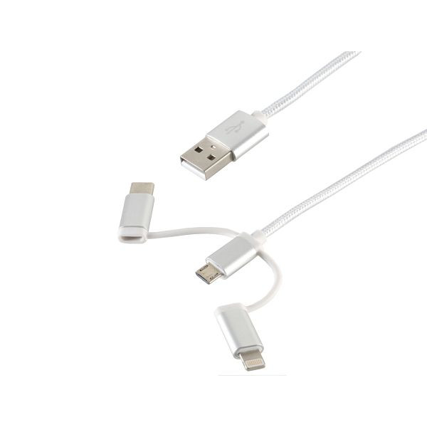 S-Conn USB 3in1 Ladekabel, USB-A-Stecker auf USB Micro B + USB Typ C + Lightning Stecker, Nylon, weiß, 1m, 14-50067