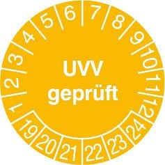 SafetyMarking Prüfplakette - mit Jahresfarbe, UVV geprüft, Prüfzeitraum: 19-24, Ø 2 cm, Folie, selbstklebend, VE: 28 Stück/Bogen, 30.0794-19-24